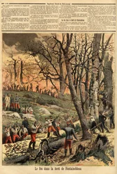 Incendie criminel dans la forêt de Fontainebleau. Gravure dans "Le petit journal" 22/04/1893. Collection Selva.