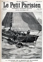 Traversée de la Manche en vélocipède : un bateau de pêche recueille Georges Pinkert en mer qui avait parié de traverser la Manche avec le vélocipède aquatique qu