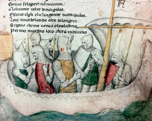 Croisés sur un bateau. Illustration du poème toscan « Febusso e Breusso ». Manuscrit MS.B.R.45. XVe siècle. Florence, Biblioteca Nazionale