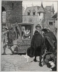Coutellerie : des bateliers entourent la chaise de Marie de Rabutin-Chantal, marquise de Sévigné dite Madame de Sévigné (1626-1696) pour lui vendre des couteaux à son arrivée à Nogent (Haute-Marne) en 1675. Gravure de 1885 dans « Les arts et métiers illus