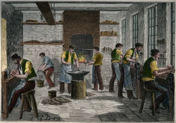 Atelier de coutellerie en France au XIXe siècle. Gravure de 1885 dans « Les arts et métiers illustrés » par Adolphe Bitard.