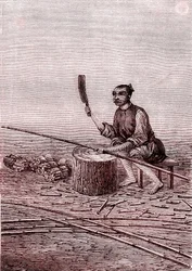 Coupe des petits morceaux de bambous, fabrication du papier en Chine (IIIe siècle av. J.-C.) (gravure)