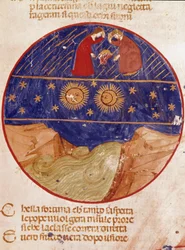 Dante et Béatrice regardent du ciel, la Terre et les étoiles. Page enluminée illustrant un chant du Paradis de la « Divine Comédie » de Dante Alighieri (1265-1321). XIVe siècle, Venise, Biblioteca Marciana