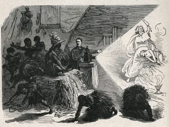 David Livingstone (1813-1873) missionnaire et explorateur écossais avec la lanterne magique chez les Balonda