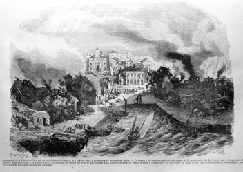 Destruction de Pointe-à-Pitre (Guadeloupe) par un tremblement de terre le 08/02/1843. Gravure de 1843