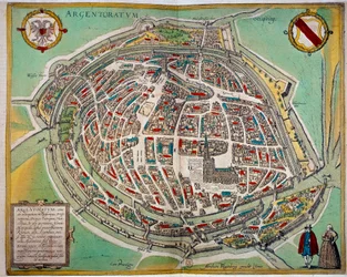 Carte détaillée de la ville de Strasbourg réalisée par Abraham Hogenberg. Gravure du XVIIe siècle