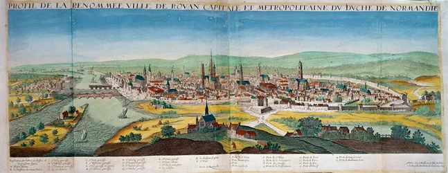 Vue détaillée de la ville de Rouen en Normandie. Gravure du XVIIe siècle. Paris B.N.