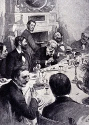Dîner à la table de Victor Hugo avec Jean Mounet-Sully (1841 - 1916), acteur français. Gravure du 19ème siècle.