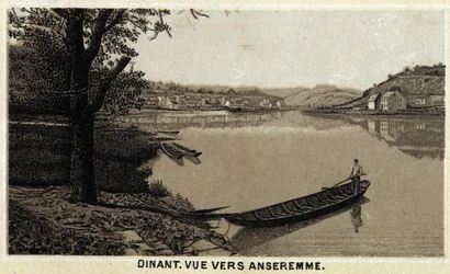 Dîner, vue vers Anseremme, et rivière Lesse, Région wallonne de Belgique. Chromolithographie de la fin du 19ème siècle