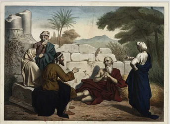 Discussion entre Job et ses amis sur les malheurs de Job : Dieu teste la croyance religieuse de Job qui prouve sa fidélité à Dieu en expliquant ses malheurs comme une punition pour ses péchés. Gravure anonyme du milieu du XIXe siècle.