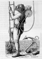 Plongeur vêtu de vêtements en caoutchouc et réservoir de régulateur - dans "Les merveilles de la science" par Louis Figuier