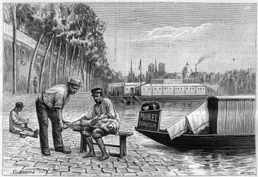 Découpe de chien près du pont de Solferino à Paris - gravure dans « La nature » de 1892