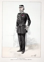 Dr Roudil, médecin-chef de la police municipale (1867-1877). Eau-forte en couleurs, pour illustration "Histoire du corps des gardiens de la paix" livre publié sous les auspices de Louis Lépine (1846-1933) préfet de police de la Seine, par Alfred Rey (1864-