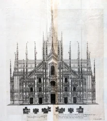 Dessin de la façade du Duomo de Milan montrant son uniformité avec le corps du bâtiment. De nombreux projets architecturaux ont été conçus autour du 17e siècle pour compléter la façade restée inachevée.