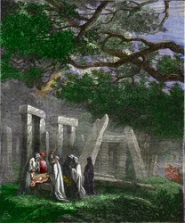 Sacrifice humain par les druides à Stonehenge arrêté par les soldats romains - Gravure en couleur du 19ème siècle