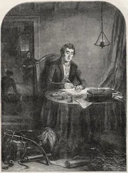 Le duc de Wellington (Arthur Wellesley (1769-1852)) écrivant une dépêche après Waterloo, 19 juin 1815 - gravure de 1852