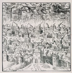 Tremblement de terre à Baden - dans "Recueil de 39 figures représentant les calamités de la France de 1562 à 1586"; imprimerie Louis Perrin