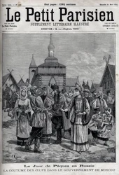 Jour de Pâques en Russie : la coutume des œufs dans le gouvernement de Moscou. Habitants offrant des œufs rouges pour célébrer la résurrection du Christ. Gravure dans "Le Parisien"