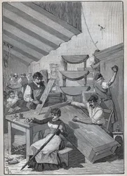 Ébénisterie : atelier de vernissage au tampon. Gravure de 1885 dans « Les arts et métiers illustrés » par Adolphe Bitard.
