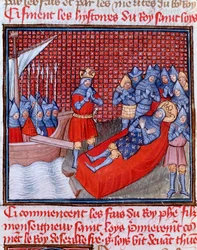 Huitième croisade : "La mort de Saint Louis à Tunis le 25 août 1270". Miniature tirée de "Les grandes Chroniques de France" de Jean Froissart (1337-1400) 15ème siècle Chantilly, Musée Condé
