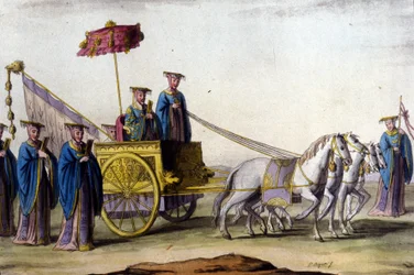 Empereur de la dynastie Ming sur son char - dans « Le costume ancien et moderne » par J. Ferrario, éd. Milan