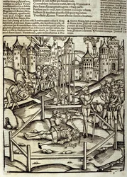 Énéide de Virgile (70 av. J.-C.-19 av. J.-C.), Livre XII, le héros troyen Énée tue Turnus dans une bataille sous les yeux des Latins et des Rutules. Xylographie de Sebastian Brant (1458-1521). Strasbourg
