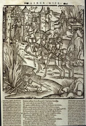 Énéide de Virgile (70 av. J.-C.-19 av. J.-C.), livre XIII (supplément), les héros troyens Énée reçoivent les Latins, des sacrifices sont faits en l