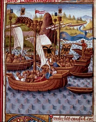 Les ennemis arrivent à Rome pour demander la paix aux Romains. Miniature de « Histoire romaine » (Ad urbe condita) par Tite-Live (59 av. J.-C.-17 apr. J.-C.), traduit par Pierre Bersuire (ms. 310) 1450-1500 - Chantilly, musée Condé