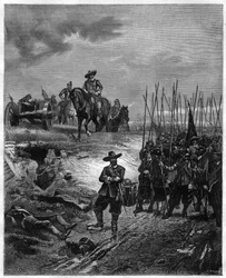 Guerres civiles anglaises : Oliver Cromwell (1599-1658) à la bataille de Marston Moor, 2 juillet 1644 - les parlementaires vainquirent les royalistes commandés par le prince Rupert. Gravure du XIXe siècle - Oliver Cromwell à la bataille de Marston Moor le