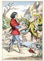 Gravure représentant un pasteur avec un couteau prêt à affronter un dragon. La bête se raidit dès que le pasteur ouvrit son couteau. Conte de Charles Perrault : « La flûte et le couteau enchanté »