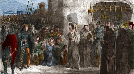 Enguerrand de Marigny (1260-1315), chambellan et ministre du roi Philippe IV le Bel, marchant vers la torture en 1315. Gravure dans « Histoire De France En Cent Tableaux » par Paul Lehugeur, 1891