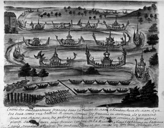 Entrée des ambassadeurs français dans le fleuve Siam - dans "Voyages du royaume de Siam, historiques de 1688".