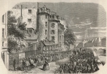 Entrée de la préfecture de police par la rue de Jérusalem au coin du Quai des Orfèvres à Paris au 19e siècle avant 1871 - Gravure dans « Tableau de Paris » par Edmond Texier 1852