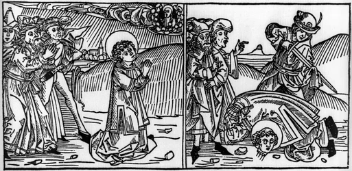 Épisode de la vie de Saint Donat (mort vers 355) Gravure de « Leben der Heiligen - sommerteil » (Le livre des saints) par Jacobus de Voragine (1228-1298). Lübeck 1488