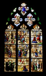 Épisodes de la vie de Sainte Barbe, martyre chrétienne au 3ème siècle, vitrail avec la vie de Sainte Barbe