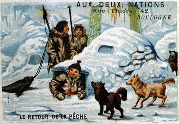 Esquimaux - Le retour de la pêche, Publicité du Magasin aux deux Nations, Boulogne vers 1895