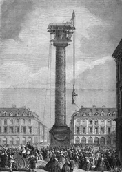 Établissement de la nouvelle statue (représentant Napoléon Ier) au-dessus de la colonne de la Place Vendôme dans le 1er arrondissement de Paris le 4 novembre