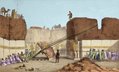 Fouilles de Ninive (Nineveh) - Les ruines de Nimrud (Nimroud) par Henri Layard (après son voyage en Mésopotamie au XIXe siècle) ; remplacement du grand taureau ailé - L