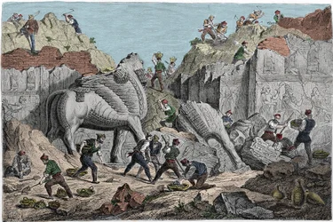 Fouilles entreprises par Paul-Emile (Paul Emile) Botta, consul de France à Ninive sur le site de Khorsabad (Khunsabad), ancienne capitale assyrienne au nord de Mossoul. Irak. Gravure du XIXe siècle