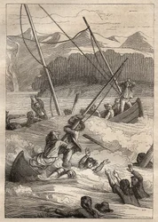 Expédition autour du monde (1785-1788) par Jean François Galaup de La Pérouse (1741-1788) : naufrage des bateaux au port des Français (Alaska) - illustration tirée de "Les Grands Navigateurs du XVIIIe siècle".