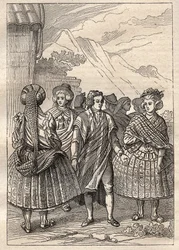 Expédition autour du monde (1785-1788) de Jean François Galaup de La Pérouse (1741-1788) : costumes des habitants de la Concepción (Chili) - illustration tirée de « Les grands marins du XVIIIe siècle »