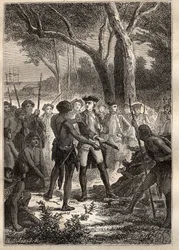 Expédition de Nicolas Thomas Marion-Dufresne (1729-1772) : Marion débarqua dans la baie de Frederick Henry (Tasmanie) et reçut un brandon enflammé des indigènes - illustration tirée de 