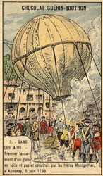 Expérience du 5 juin 1783 par les frères Montgolfier à Annonay. Chromo de la fin du 19ème siècle