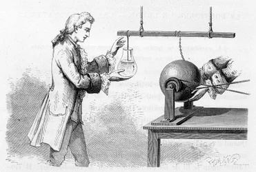 Expérience de Cunéus : bouteille de Leyde - dans "Magnétisme et Électricité" par Amédée Guillemin