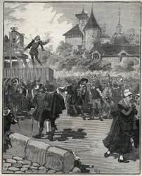 Expérience de frappe mécanique par Nicolas Briot (graveur du Royaume de France) (1579-1646) en 1616. Gravure de 1885 dans « Les arts et métiers illustrés » par Adolphe Bitard