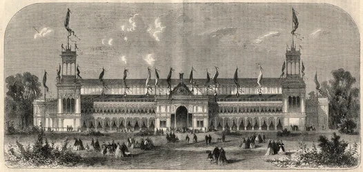 Vue extérieure du palais de la troisième Fête fédérale allemande de tir à Vienne, en Autriche. Gravure dans « L