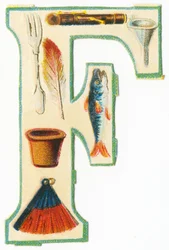 F : fourchette, flûte, entonnoir, pot de fleurs, plume, poisson, éventail
