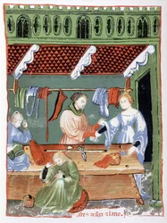 Marchand de tissus (tailleur ?) et couturière au Moyen Âge