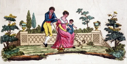 Famille dans un parc. Gravure du début du XIXe siècle.