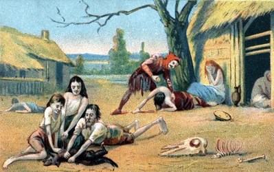 Famine au Moyen Âge. Chromolithographie du XIXe siècle